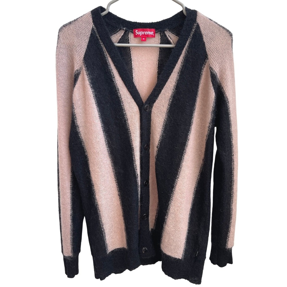 Supreme FW13 Striped Mohair Cardigan Pink Black Kid Mohair Wool Size M
